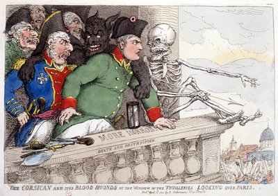 Korzika és a vérszomjas Korzika a Tuileriák ablakán keresztül Párizsra néz - az "I. Napóleon" című karikatúrában, karikatúrák, műbábugyűjtemény, 1814-1815 körül. alkotó: French School
