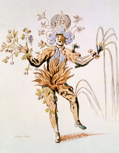 Jelmeztervezés egy 17. századi udvari balett négy eleméhez, Guillaumot fils fakszimile (kézzel színezett metszet) alkotó: French School