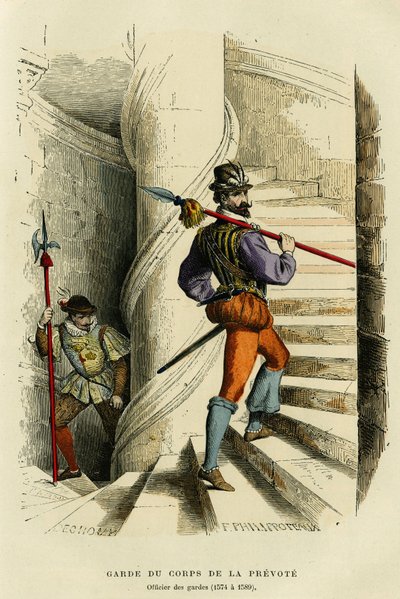 Az előszavazat testőrének jelmeze, majd egy őrségi tiszt (1574-1589). Színes metszet, „France et les francais a travers les siecles”-ben, Augustin Challamel, F.Roy szerkesztő, Párizs 1882. Selva Collection. alkotó: French School