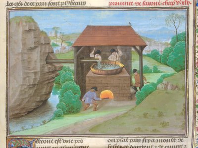 Cotton Augustus V, f.363 Sókamra serpenyővel és kemencével, illusztráció a "Le Tresor des Histoires..."-ból (vellum) alkotó: French School