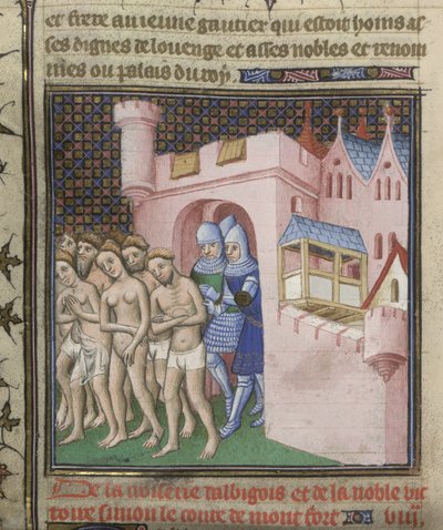 Cotton Nero E. II pt.2, f.20v Az albigensek kiűzése Carcassone-ból 1209-ben, a "Grandes Chroniques de France"-ból, 1415 körül (tinta, szín és arany papíron) alkotó: French School