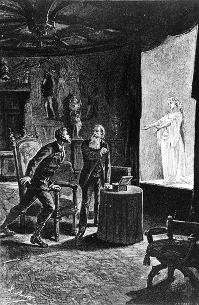 Franz de Telek gróf azt hiszi, hogy látja egykori szerelmét, La Stillát, illusztrációja Jules Verne A Kárpátok várához, Hetzel, 1892 alkotó: French School