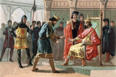 Louis de Crecy gróf Kortrijk lakóitól megfenyegetve segítséget kért Charles Le Bel (1294-1328) francia királytól. Kromolitográfia 1890 körül. alkotó: French School