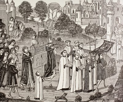 Renier gróf viszi Szent Veronika testét a monsi Szent Waudru templomba, Paul Lacroix "Military and Religious Life in the Middle Ages" című művéből, London, 1880 körül. alkotó: French School