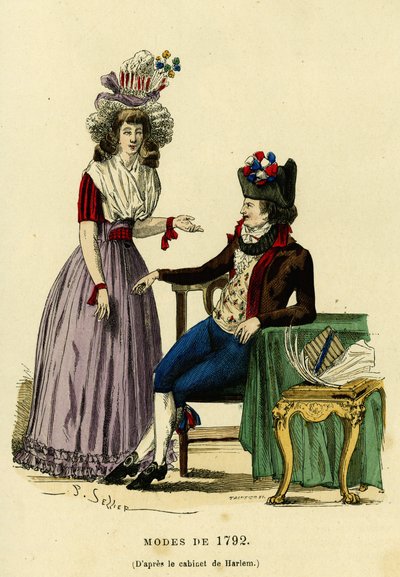 Divat pár 1792-ből. Színes metszet Harlem szekrényének rajza után, a „France et les francais a travers les siecles”-ben Augustin Challamel, F.Roy szerkesztő, Paris 1882. Selva Collection. alkotó: French School