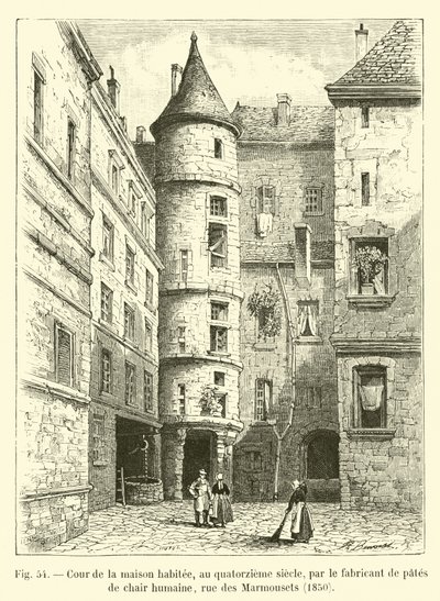 A tizennegyedik században az emberi hústésztagyártó által lakott ház udvara, rue des Marmousets, 1850 alkotó: French School