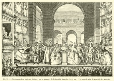 Voltaire mellszobrának megkoronázása a Comedie francaise munkatársai által 1778. március 30-án, a Tuileries előadótermében alkotó: French School