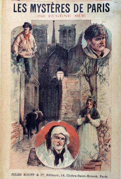 Eugene Sue (1804-1857) „Les mysteres de Paris” című művének borítója, egy párizsi sikátor látképe és szereplők alkotó: French School