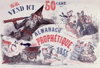 Egy Nostradamust ábrázoló prófétai almanach borítója, 1855 alkotó: French School