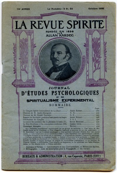 Számos „” La revue spirite” címlapja, az alapító Allan Kardec portréja, 1931. októberi magazin alkotó: French School