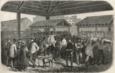 Hentes hús készítése a rue des Prouvaires piacon, Párizs 1. kerületében – Edmond Texier 1852-es metszete „Tableau-de-Paris”-ban alkotó: French School
