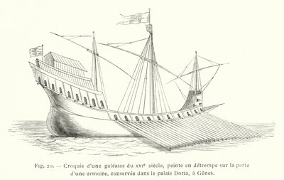századi gálya vázlata, temperafestmény egy szekrény ajtaján, a Doria palotában őrzve, Genovában (metszet) alkotó: French School