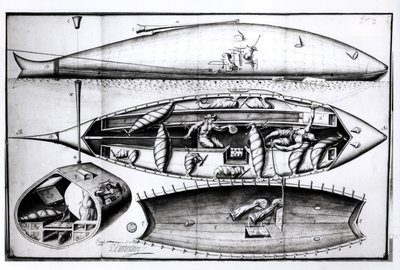 Egy tengeralattjáró keresztmetszete, kéziratból, 1689. márc alkotó: French School