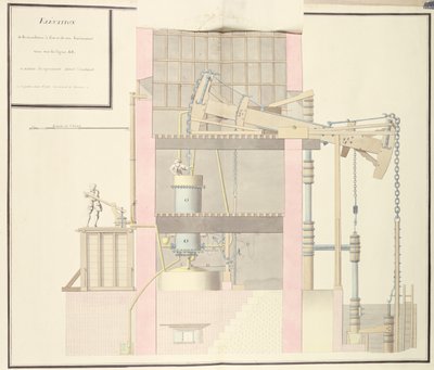 Egy gőzgép keresztmetszete bányákból víz kinyerésére, 1760 körül (toll, tinta és WC papíron) alkotó: French School