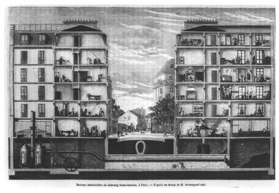 A párizsi Faubourg Saint-Antoine ipari házak keresztmetszete, illusztráció a Le Magasin Pittoresque-ből, 1885 alkotó: French School