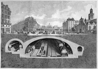 A párizsi földalatti vasúti projektet ábrázoló keresztmetszet, a Vilette-től a központi csarnokokig, 1861-ben. Metszet a „” Le Monde Illustré”” 213. sz. 1861. május 11-én. alkotó: French School