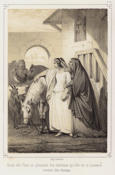 Sírva simogatta a lovakat, amelyeket oly gyakran látott visszatérni a mezőkről (litho) alkotó: French School