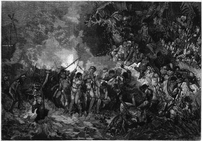 Új-Kaledónia szokása: Pilou pilou (Pilou-pilou), hagyományos kanak tánc. Metszet a „” Le Monde Illustré ”” 772. számában, 1872. január 27. alkotó: French School