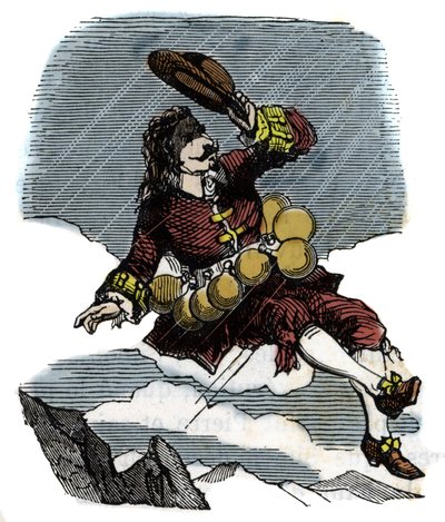 Cyrano de Bergerac felemelkedik az égen a rózsafioláknak és a Holdra való utazásnak köszönhetően, Hercules Savinien Cyrano de Bergerac (1619-1655) regényének illusztrációja: "" A másik világ"" alkotó: French School