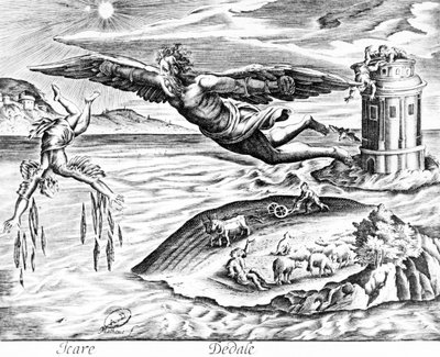 Daedalus, aki fiával, Ikarosszal megszökik Krétáról, látja őt halálra zuhanni, 1619 alkotó: French School