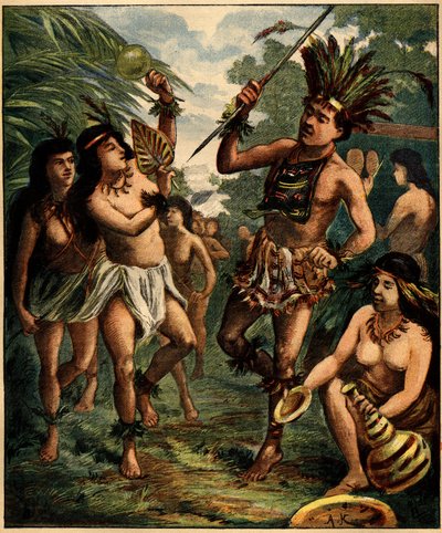 Roucouyan indiánok tánca a Karib-térségben. Metszet a „” La Terre Illustree”” 77. számában, 1892. április 21-én. alkotó: French School