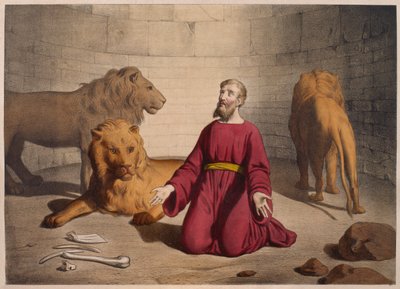 Dániel az oroszlánok barlangjában, illusztráció az LHistoire Sainte katekizmusból, kiadó: Charles Delagrave, Párizs, 19. század vége alkotó: French School