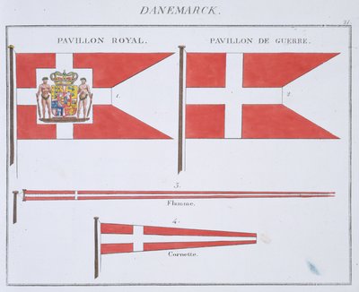 Dán zászlók, egy francia zászlóskönyvből, 1819 körül alkotó: French School