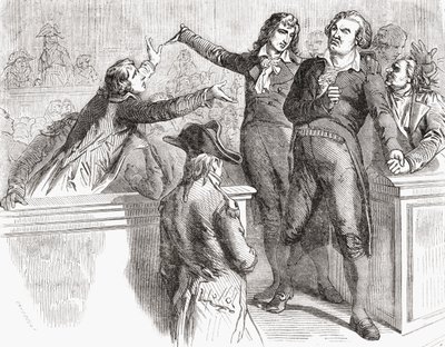 Danton és Desmoulins az 1794. március 30-i egyezmény előtt védekezik Louis Blanc (1811-82) 1847-62 „Histoire de la Revolution Francaise” című művéből. alkotó: French School