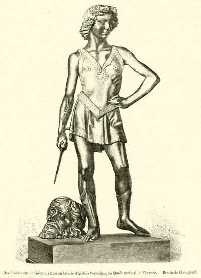 Dávid meghódítja Góliátot, Andrea Verocchio bronzszobra a Firenzei Nemzeti Múzeumban (metszet) alkotó: French School