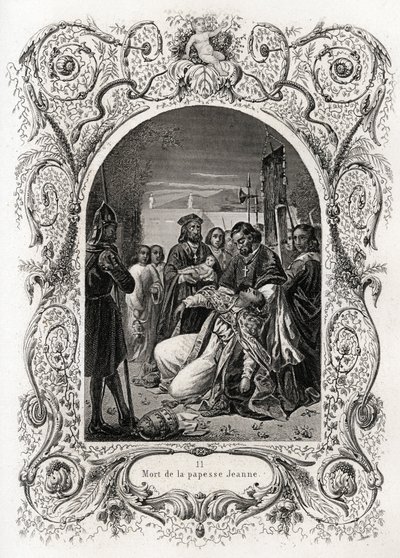 Jeanne pápa halála (pápasága 855-től 858-ig tartott). Maurice Lachatre (1814-1900) Histoire des pápák történetét illusztráló metszete, librairie du progres, Párizs. alkotó: French School