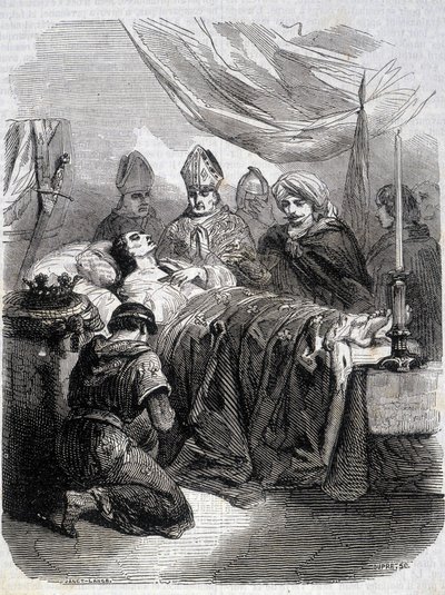 Szent Lajos halála Palesztinában 1270-ben – L.-P. „” Histoire de France” című könyvében. Anquetil alkotó: French School