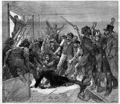 1886-ban sztrájkolnak a decazeville-i (Aveyron) bányászok: Watrin mérnököt meggyilkolták a Grevisták. Metszet a „Le Monde Illustré”-ben, 1886. február 6. alkotó: French School