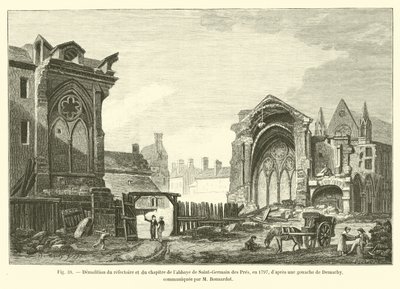 A refektórium és a Saint-Germain des Pres-i apátság káptalanjának lerombolása 1797-ben, Demachy gouache-ja után, M. Bonnardot közölte. alkotó: French School