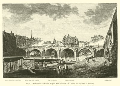 A Notre-Dame híd házainak lebontása 1786-ban, Demachy akvarellje után alkotó: French School