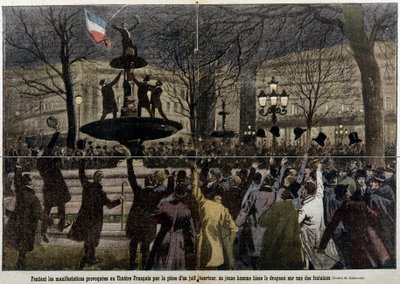 A Francia Színház előtti tüntetéseket egy dezertőr zsidó provokálta, egy fiatalember felhúzta a francia zászlót: a zarándok alkotó: French School