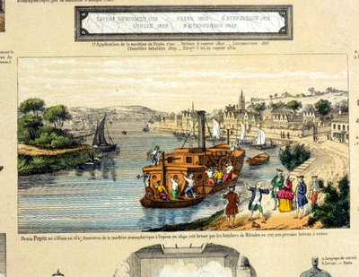 Denis Papin (1647-1712) nézi, ahogy evezős gőzösét 1707-ben a muendeni hajósok elpusztították alkotó: French School