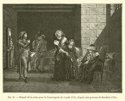 A királynő távozása a Conciergerie-be, 1793. augusztus 2.; Bouillon metszete után, 1795 alkotó: French School