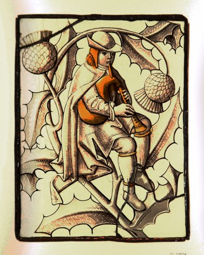 Cornamuse-on játszó zenészt ábrázoló francia üveg alkotó: French School