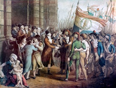 A Nemzeti Konvent képviselői elhagyják a közgyűlést a Tuileriákban, 1793. május 31. - "" Le 31 mai 1793"" - Párizs, 1793. május 31.: a girondinok előtt felfegyverzett polgárok kilépnek a konventből, miután a montagnardok megverték őket, az előtér alkotó: French School