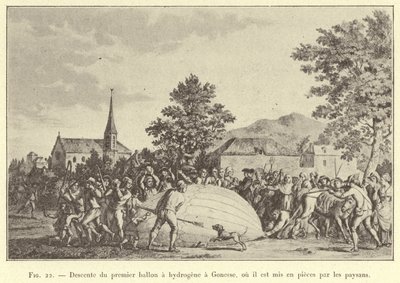 Az első hidrogénballon leereszkedése Gonesse-be, ahol a parasztok darabokra tépték (metszet) alkotó: French School
