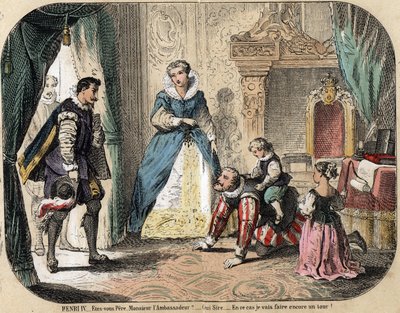 A gyerekek szabadidő- és játékleírása: IV. Henrik francia király (1553-1610) gyermekeivel (valószínűleg XIII. Lajossal és Franciaország Erzsébettel) játszik a spanyol nagykövet előtt. Medicis Mária királyné jelen van. Lemez „” les jeux de l