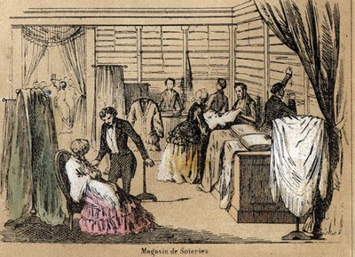 Kultúra és selyemtermékek leírása: selyembolt. „” la soie”” tábla in „” les Recreations instructives”” Jules DELBRUCK szinoptikus festménye, metszet 1860-ból. Magángyűjtemény. alkotó: French School
