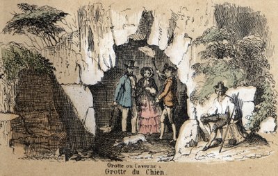 A különböző tájtípusok és domborművek leírása földrajzi elhelyezkedéstől függően: részlet a kutyabarlang látogatóiról. „” Physical Geography”” tábla a „” les Recreations instructives”-ban” Jules DELBRUCK szinoptikus festménye, metszet 18-ról alkotó: French School