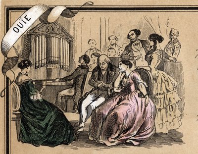 Az öt érzékszerv leírása: a hallás részlete, zenei koncert egy társasági este során. „” Les cinq sens”” tábla in „” les Recreations instructives”” Jules Delbruck szinoptikus festménye, metszet 1860-ból. Magángyűjtemény. alkotó: French School