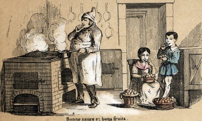 Az öt érzékszerv leírása: az íz részlete, a szakács ízleli a szószt, a gyerekek pedig ropognak a gyümölcsben. „” Les cinq sens”” tábla in „” les Recreations instructives”” Jules Delbruck szinoptikus festménye, metszet 1860-ból. Magángyűjtemény. alkotó: French School