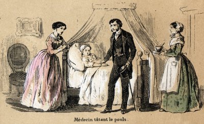 Az öt érzékszerv leírása: érintés, egy beteg lány pulzusát koppintó orvos. „” Les cinq sens”” tábla in „” les Recreations instructives”” Jules Delbruck szinoptikus festménye, metszet 1860-ból. Magángyűjtemény. alkotó: French School
