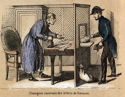 A különböző termékek és papírfelhasználások leírása: tranzakció a bankban, a bankár papír bankjegyeket kap. "" Le papier et ses produits"" tábla in "" les Recreations instructives"" Jules Delbruck szinoptikus festménye, metszet 1860-ból. Priva alkotó: French School