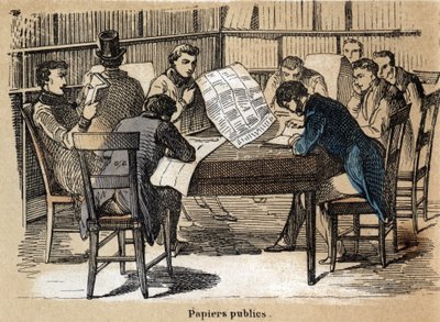 A különböző termékek és papírfelhasználások leírása: közlapok (újságok) olvasása. „” Le papier et ses produits”” tábla in „” les Recreations instructives”” Jules Delbruck szinoptikás festménye, metszet 1860-ból. Magángyűjtemény. alkotó: French School