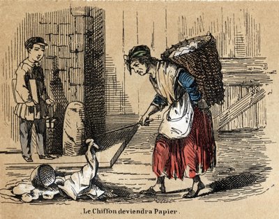 A különböző termékek és papírfelhasználások leírása: régi rongyok gyűjteménye, amelyekből a papír származik. „” Le papier et ses produits”” tábla in „” les Recreations instructives”” Jules Delbruck szinoptikus festménye, metszet 1860-ból. Magánszemély alkotó: French School