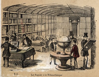 A különböző termékek és papírfelhasználások leírása: papírmunkákat tartalmazó könyvtár képe. „” Le papier et ses produits”” tábla in „” les Recreations instructives”” Jules Delbruck szinoptikás festménye, metszet 1860-ból. Magángyűjtemény. alkotó: French School